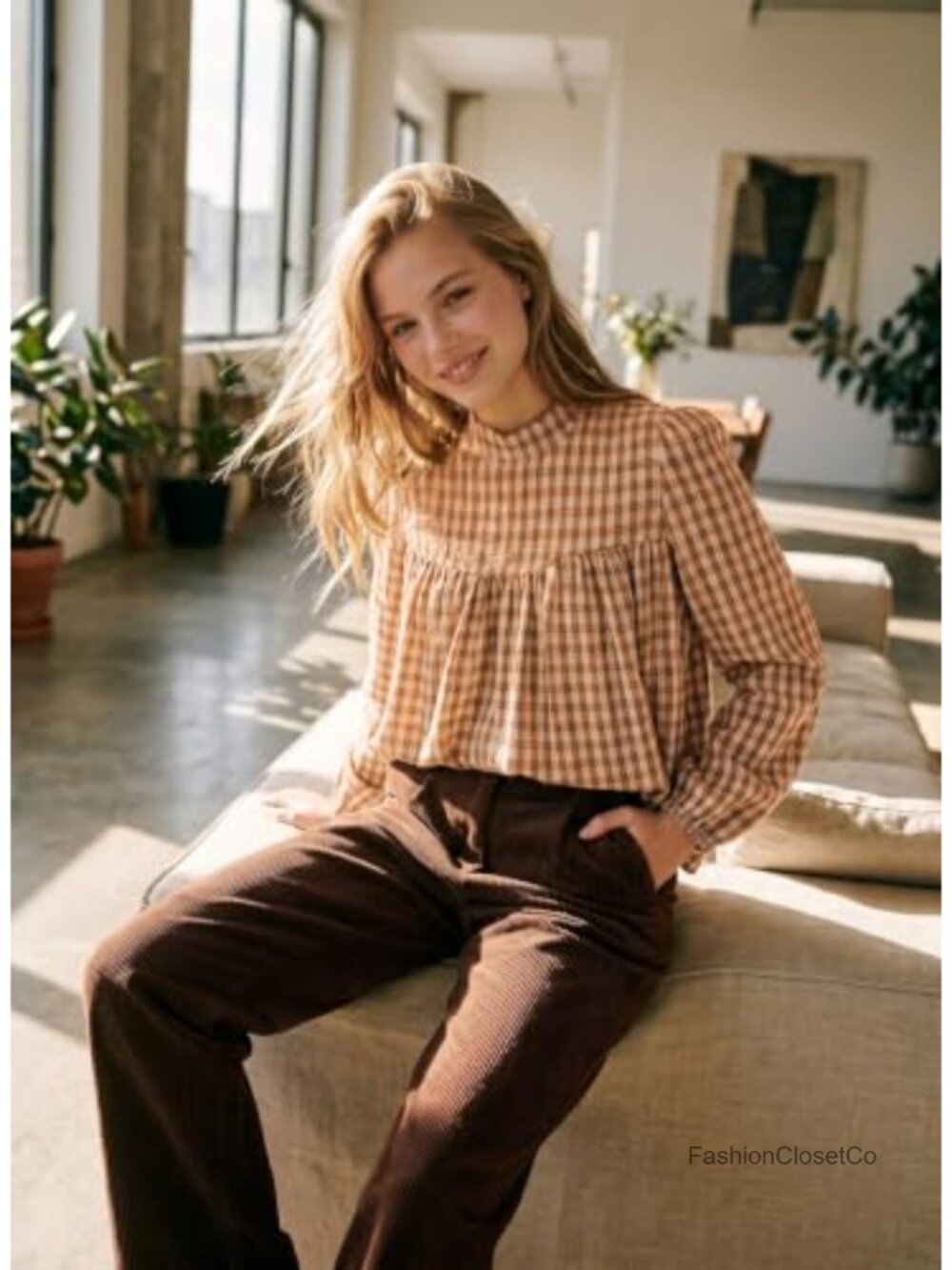 Puff Long Sleeve Flowy Empire Waist Gingham Babydoll Blouse - Picture 2 of 6